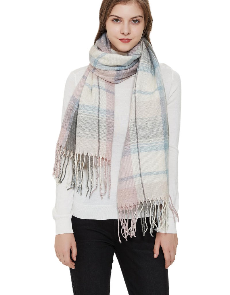 Wander Agio Womens Fashion Long Shawl Big Scarves Grid Winter Warm Large Plaid Scarf Pink Grey 5 - Image 1